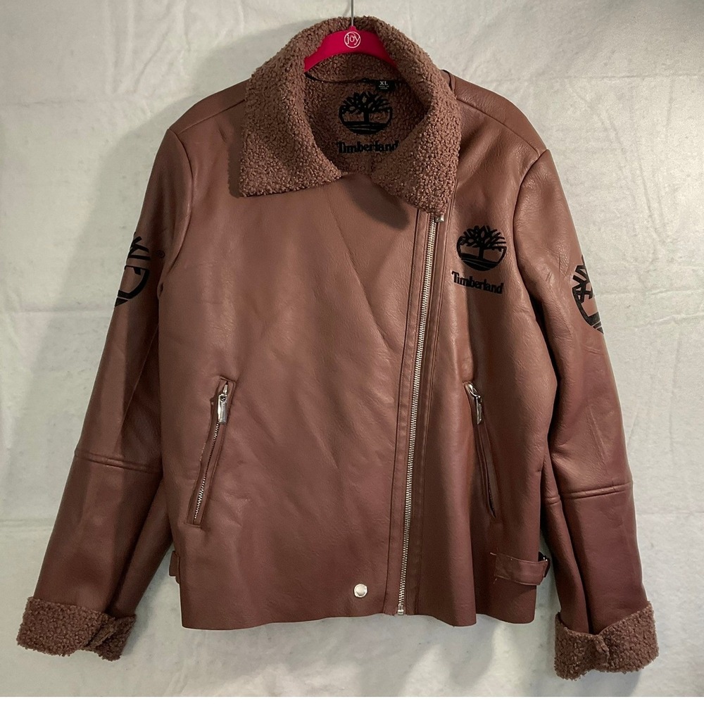 Timberland Moto Jacket Women XL Mauve Faux Leather Sherpa Lined Graphic Logo